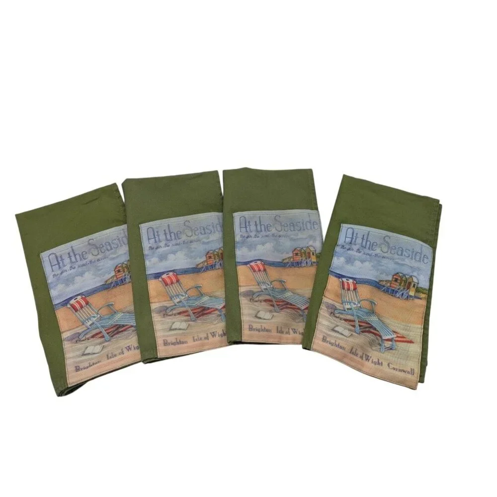 Set Of 4 Cypress Home Green At The Seaside Napkins WUtensil Pockets 100% Cotton